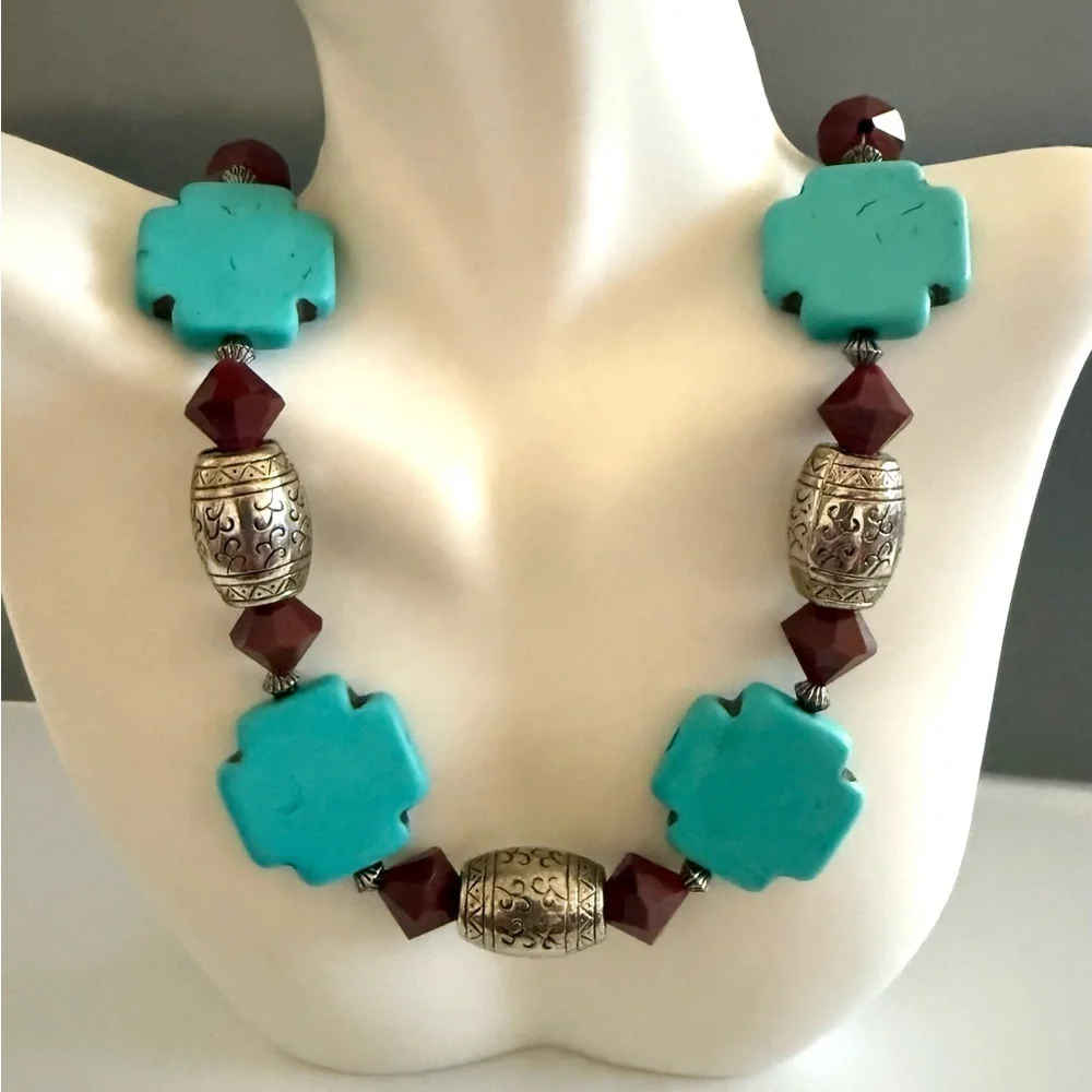 Vintage Turquoise Howlite Silver Cross Necklace Garnet Colored Accents